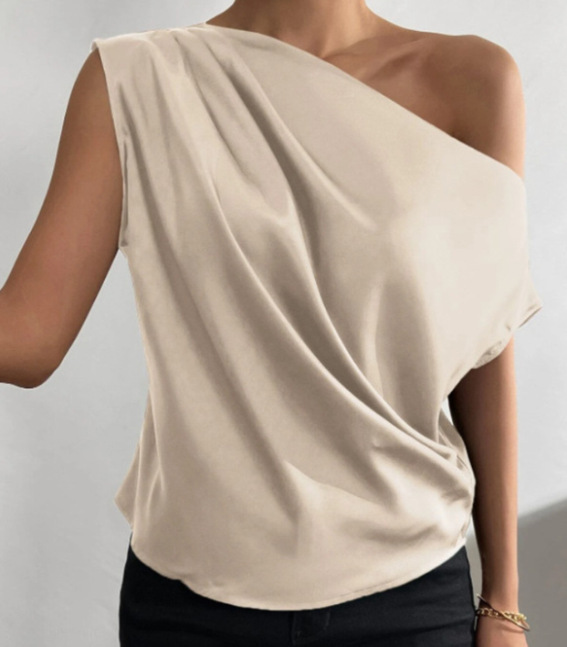 Camisa sin mangas con hombros descubiertos asimétrica irregular de seda artificial de satén de color sólido de primavera para mujer