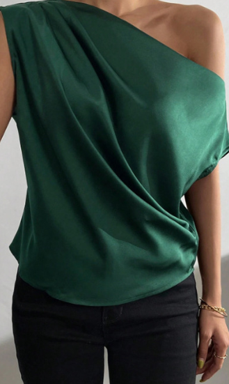 Camisa sin mangas con hombros descubiertos asimétrica irregular de seda artificial de satén de color sólido de primavera para mujer