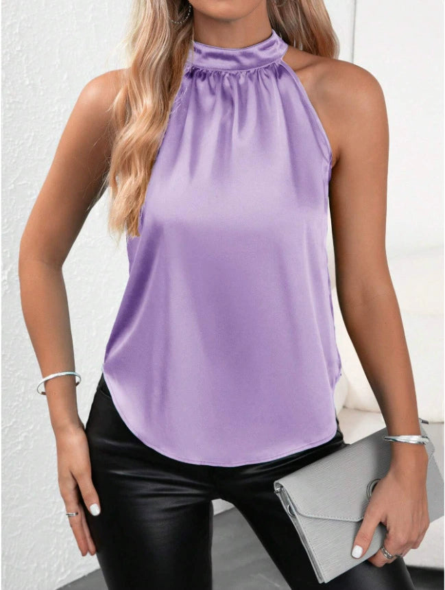 Chaleco de satén de verano para mujer, top sin mangas con cuello halter y hombros descubiertos de color liso