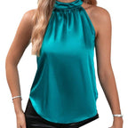 Chaleco de satén de verano para mujer, top sin mangas con cuello halter y hombros descubiertos de color liso