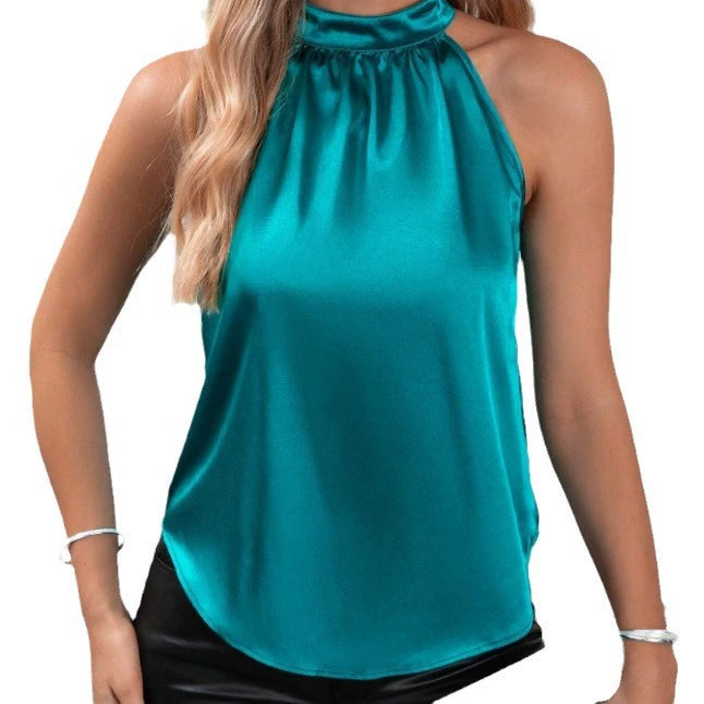 Chaleco de satén de verano para mujer, top sin mangas con cuello halter y hombros descubiertos de color liso