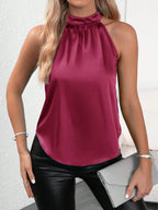 Chaleco de satén de verano para mujer, top sin mangas con cuello halter y hombros descubiertos de color liso