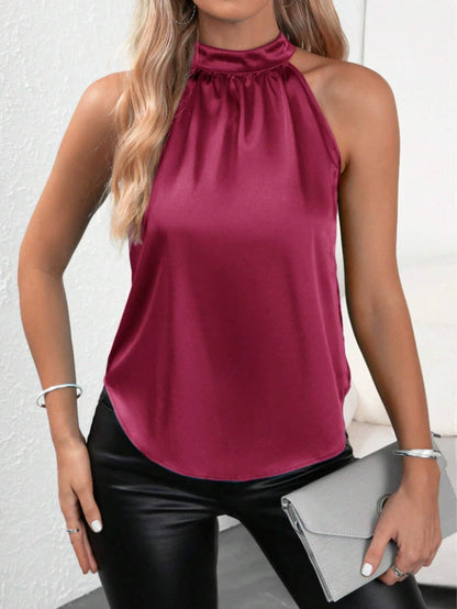 Summer Satin Vest Women Solid Color off Shoulder Halter Sleeveless Top