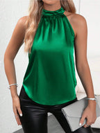 Chaleco de satén de verano para mujer, top sin mangas con cuello halter y hombros descubiertos de color liso