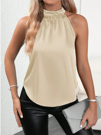 Summer Satin Vest Women Solid Color off Shoulder Halter Sleeveless Top