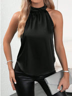 Chaleco de satén de verano para mujer, top sin mangas con cuello halter y hombros descubiertos de color liso