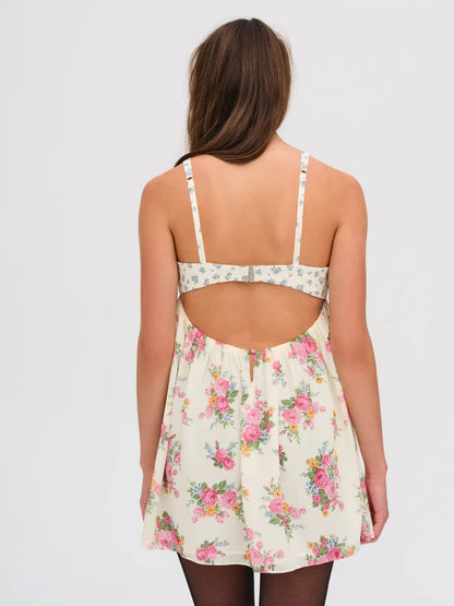 Winter Vacation Color Matching Chest Embroidered Printed Backless Casual Sling Dress