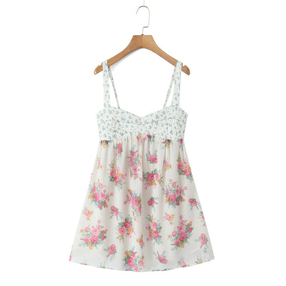Winter Vacation Color Matching Chest Embroidered Printed Backless Casual Sling Dress