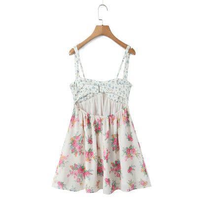Winter Vacation Color Matching Chest Embroidered Printed Backless Casual Sling Dress