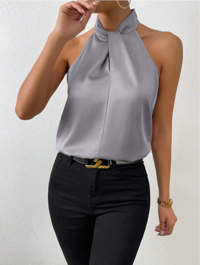Summer Women Clothing Satin Halter Sleeveless Vest Satin Artificial Silk Top EastFine