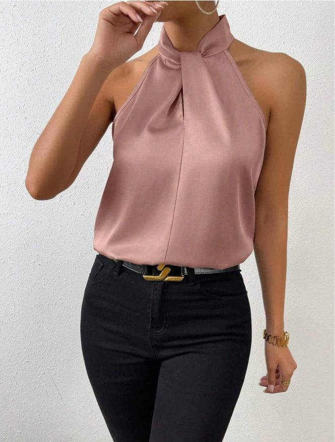 Summer Women Clothing Satin Halter Sleeveless Vest Satin Artificial Silk Top EastFine