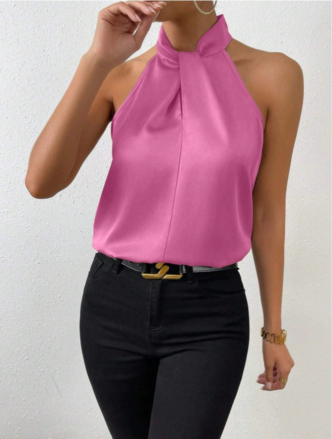 Summer Women Clothing Satin Halter Sleeveless Vest Satin Artificial Silk Top EastFine