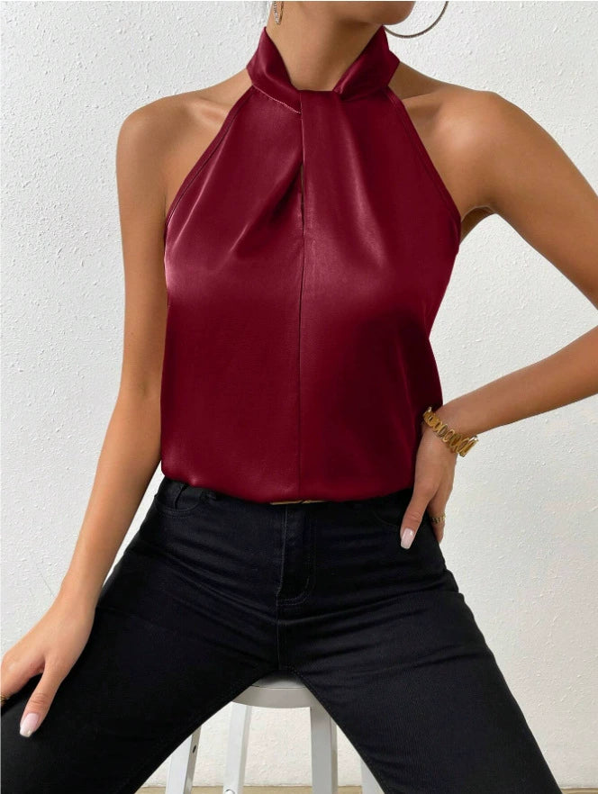 Summer Women Clothing Satin Halter Sleeveless Vest Satin Artificial Silk Top EastFine