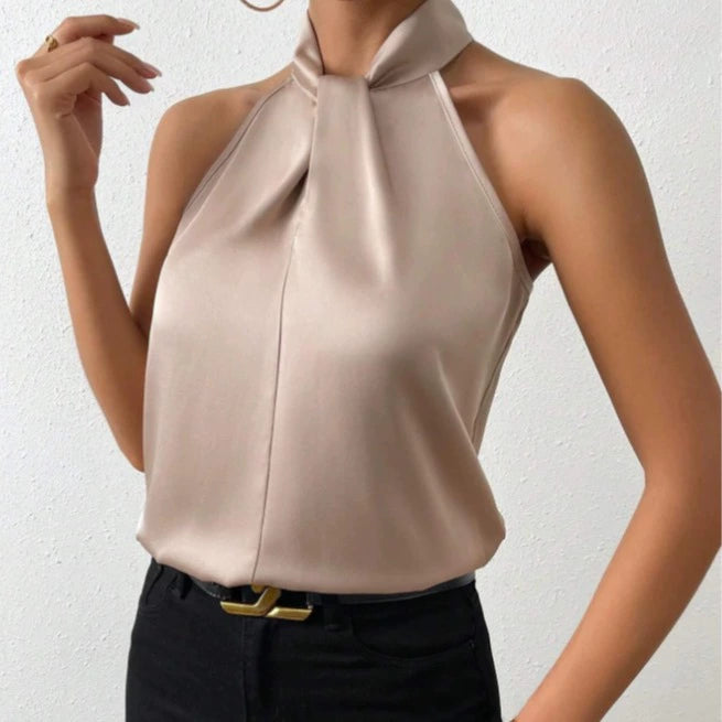 Summer Women Clothing Satin Halter Sleeveless Vest Satin Artificial Silk Top EastFine