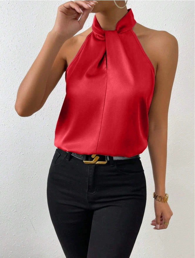 Summer Women Clothing Satin Halter Sleeveless Vest Satin Artificial Silk Top EastFine