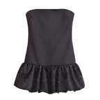 Women Rhinestone Balloon Version Silk Satin Texture Dress TRAF