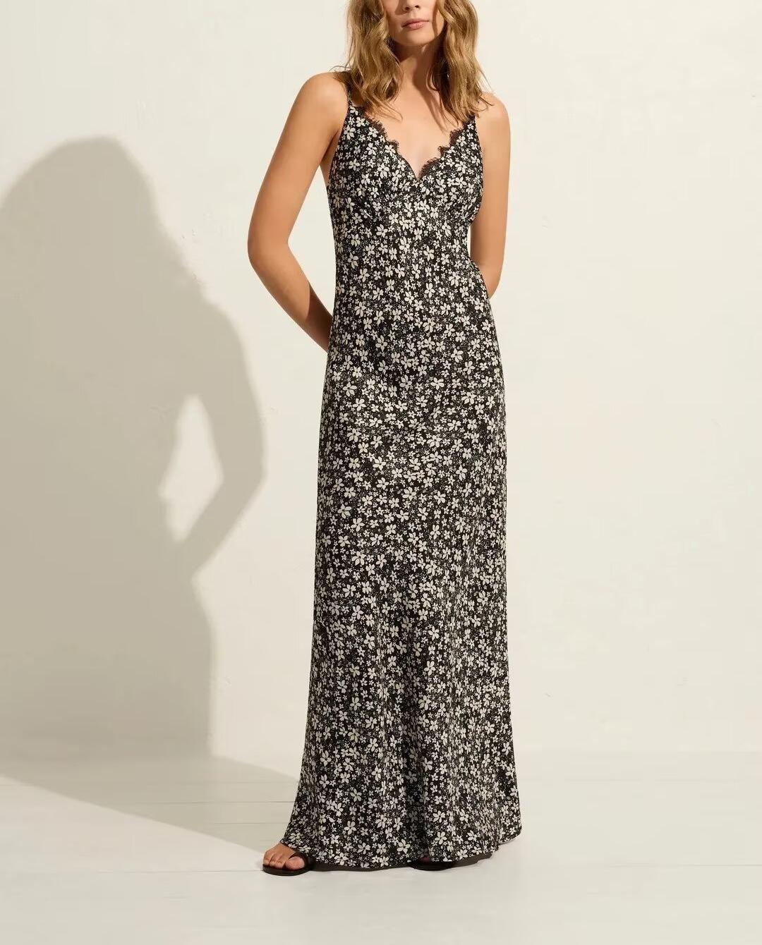 Sexy Deep V Plunge neck Maxi Dress Women Spring Vintage Floral Sling Dress Aiostar