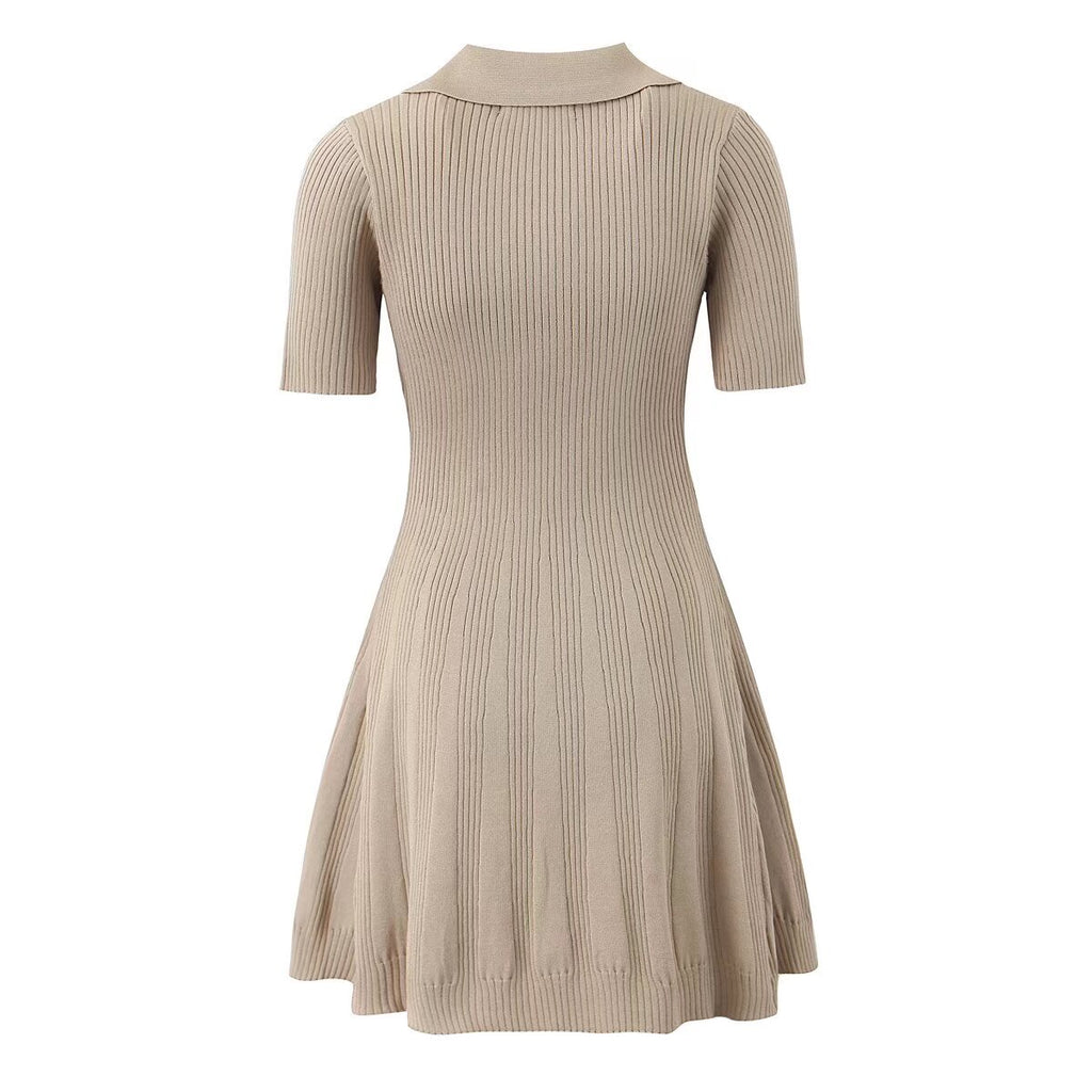 Spring Women Clothes Polo Collar Design Slim Fit Slimming Waist Trimming Knitted Short Sleeve Deep V Plunge neck Dress Aiostar