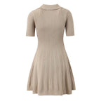 Spring Women Clothes Polo Collar Design Slim Fit Slimming Waist Trimming Knitted Short Sleeve Deep V Plunge neck Dress Aiostar