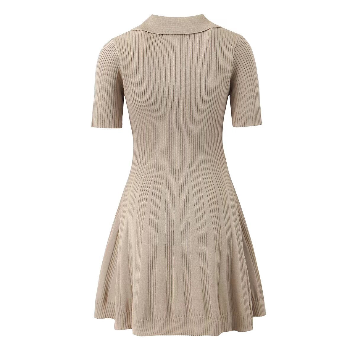 Spring Women Clothes Polo Collar Design Slim Fit Slimming Waist Trimming Knitted Short Sleeve Deep V Plunge neck Dress Aiostar