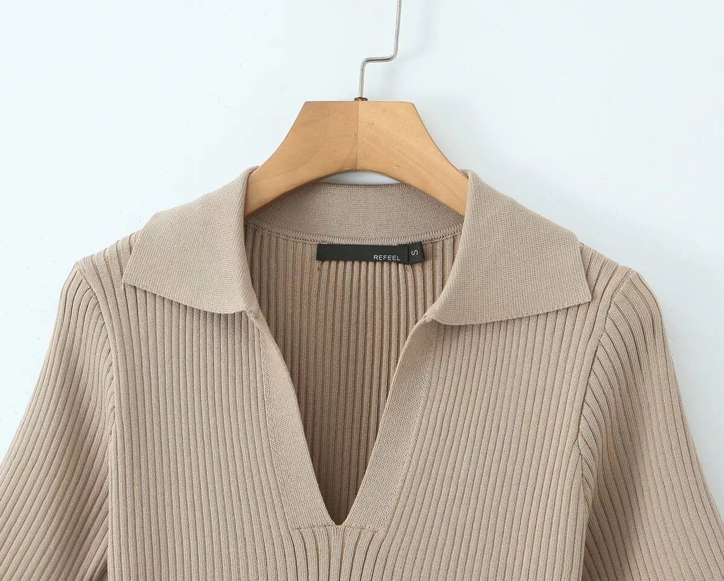 Spring Women Clothes Polo Collar Design Slim Fit Slimming Waist Trimming Knitted Short Sleeve Deep V Plunge neck Dress Aiostar