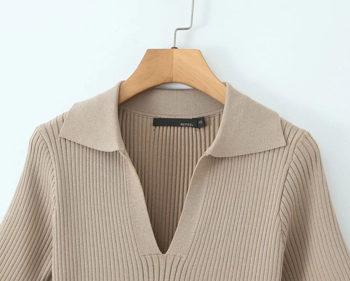 Spring Women Clothes Polo Collar Design Slim Fit Slimming Waist Trimming Knitted Short Sleeve Deep V Plunge neck Dress Aiostar