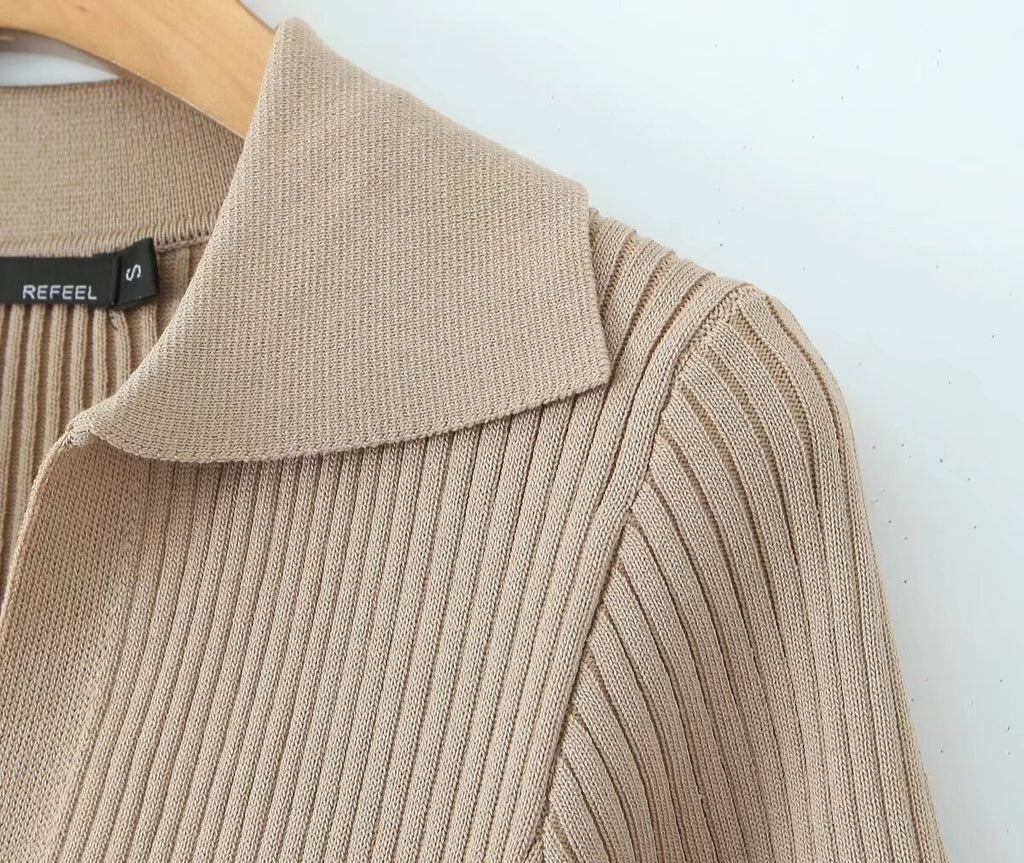 Spring Women Clothes Polo Collar Design Slim Fit Slimming Waist Trimming Knitted Short Sleeve Deep V Plunge neck Dress Aiostar