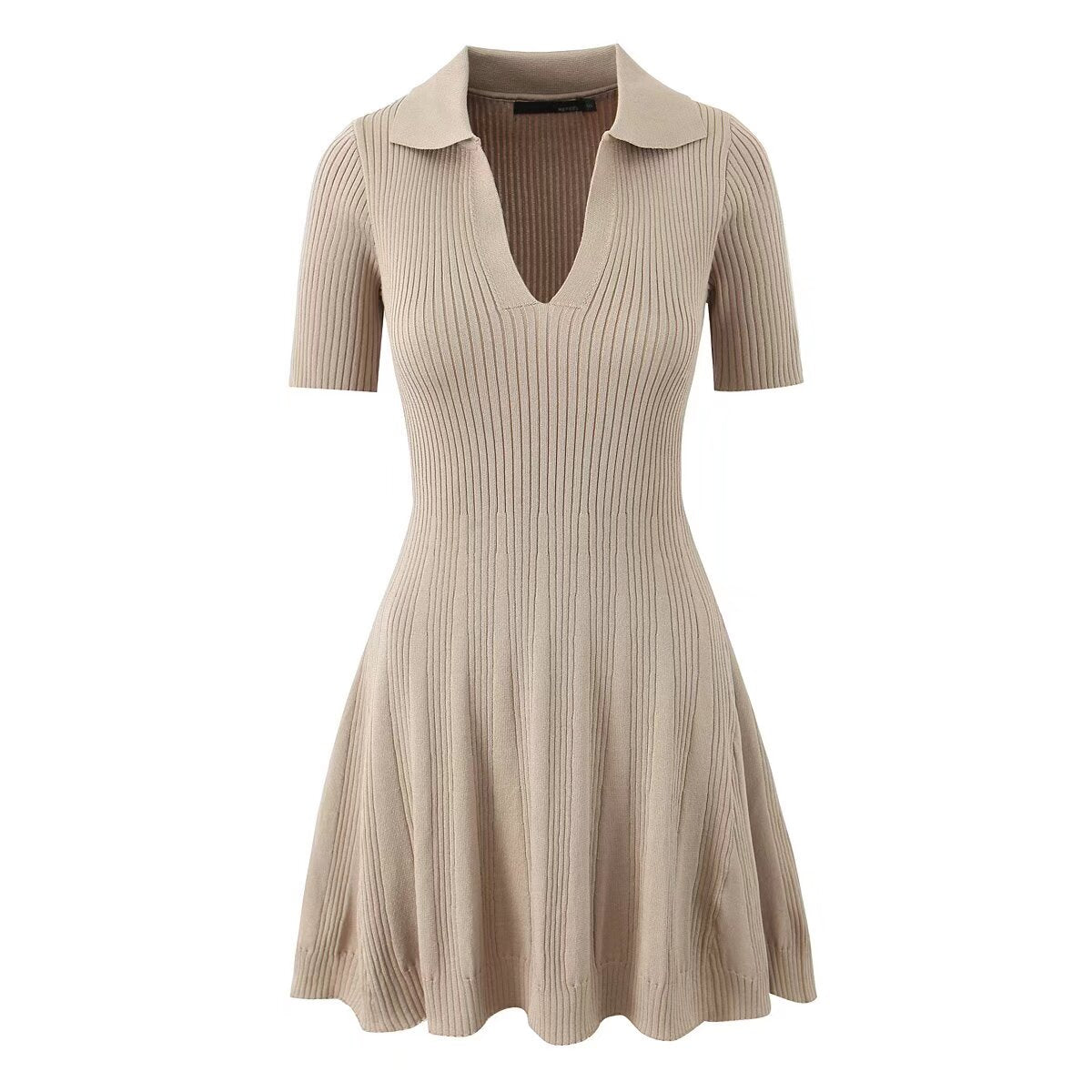 Spring Women Clothes Polo Collar Design Slim Fit Slimming Waist Trimming Knitted Short Sleeve Deep V Plunge neck Dress Aiostar
