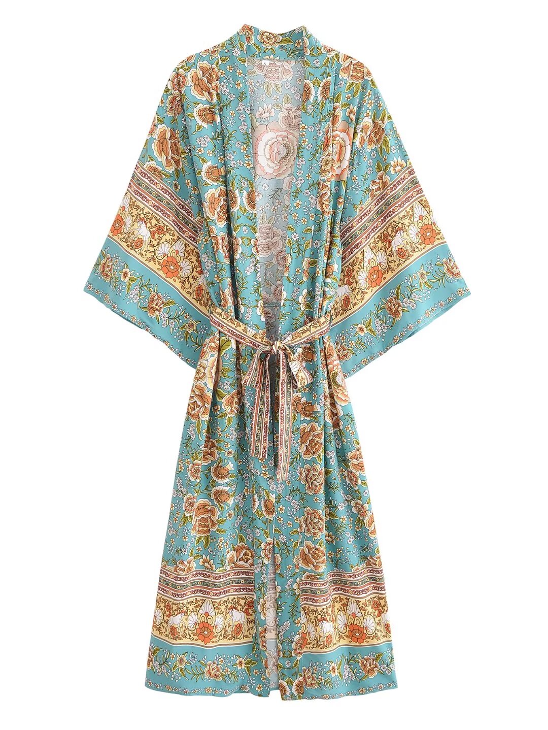 Cardigan kimono long à ceinture florale en rayonne pour femme, automne