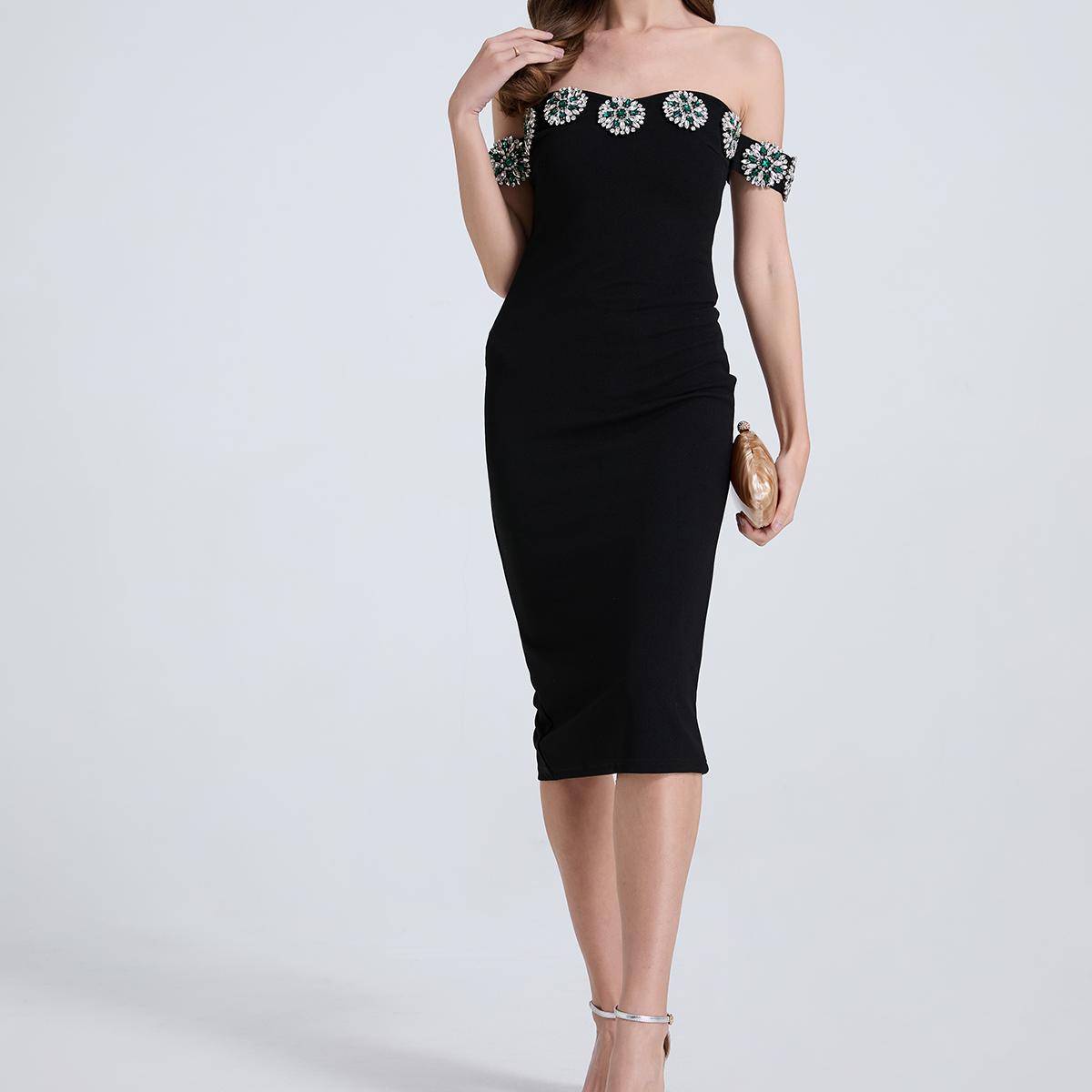 Vestido de mujer con escote en V y abertura en el hombro con diamantes de imitación