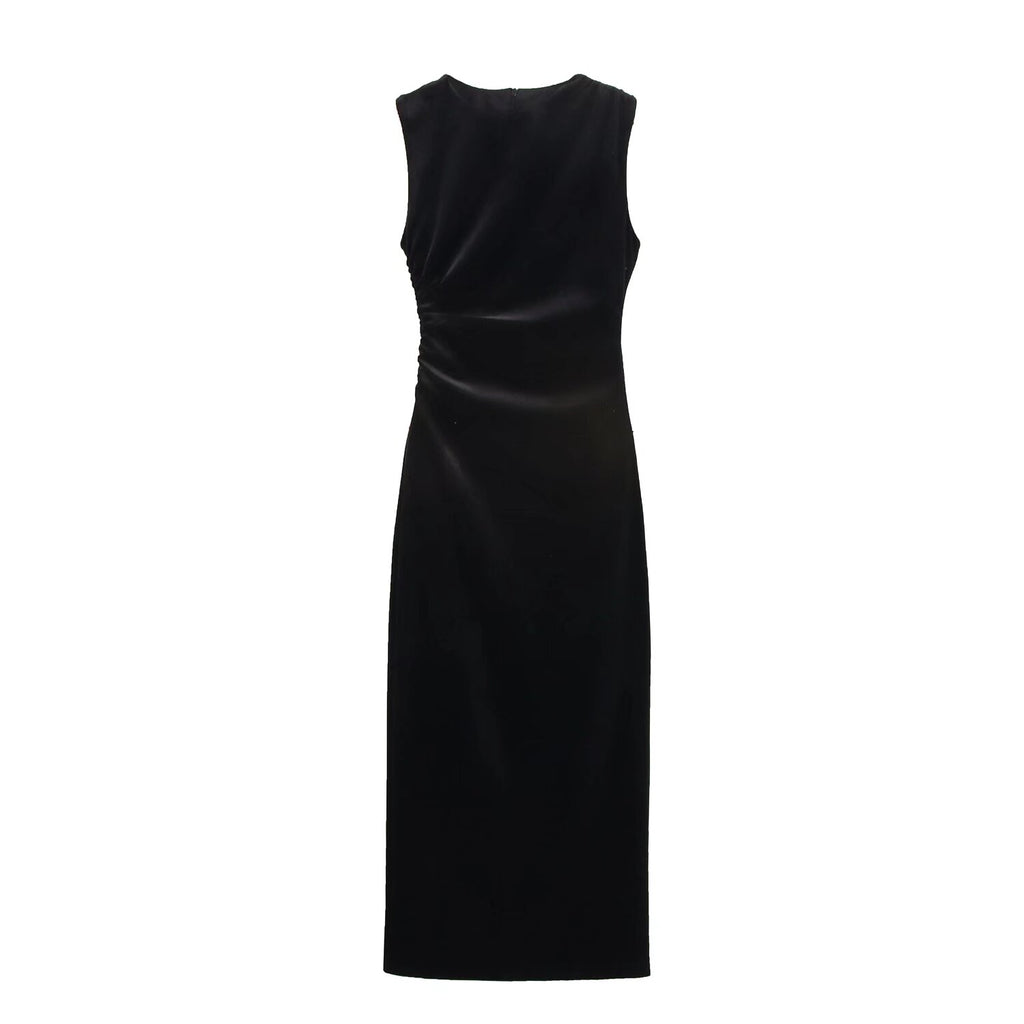 Vestido midi plisado con textura de terciopelo elegante para mujer de primavera