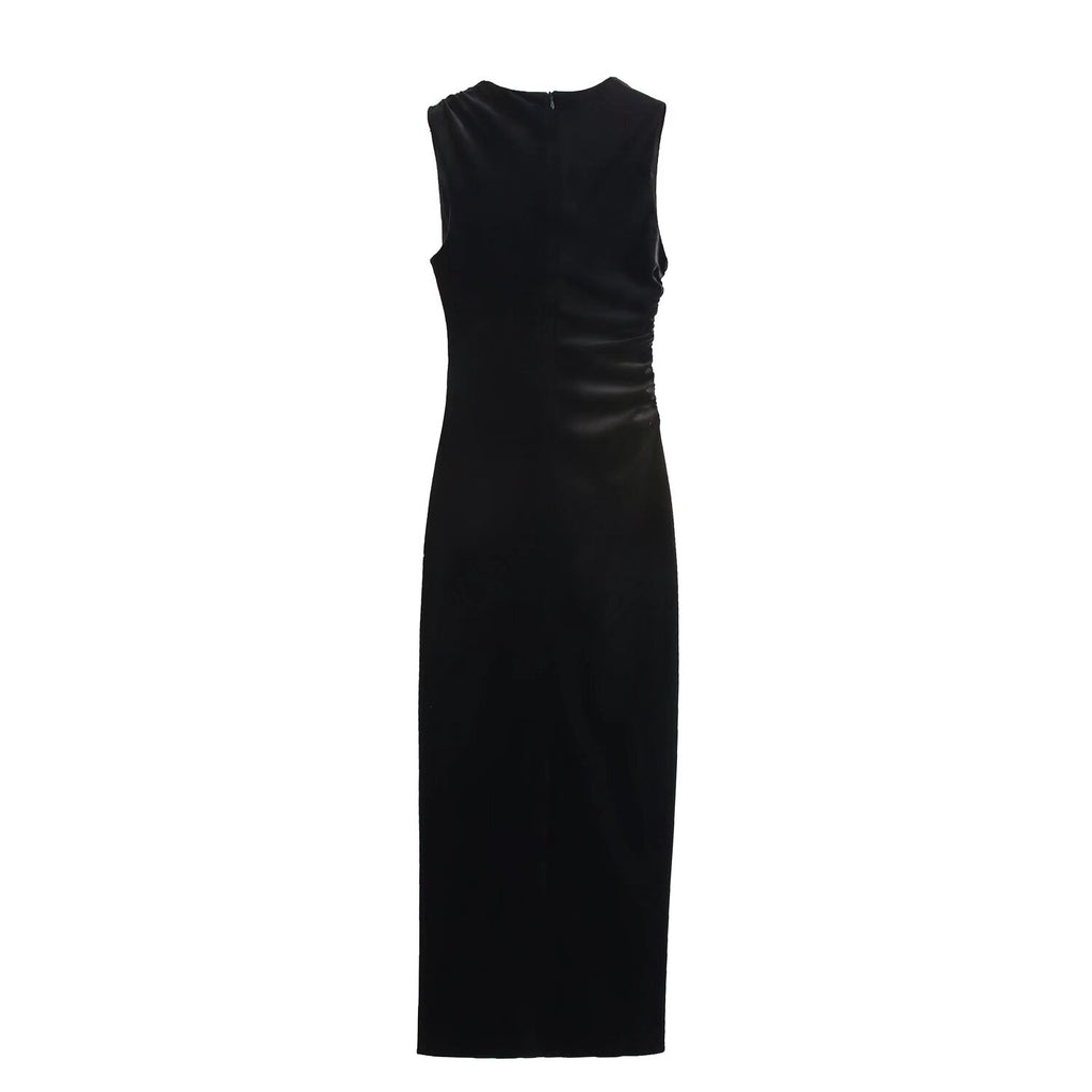 Vestido midi plisado con textura de terciopelo elegante para mujer de primavera