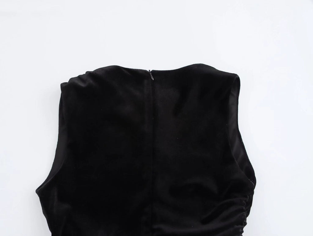 Vestido midi plisado con textura de terciopelo elegante para mujer de primavera