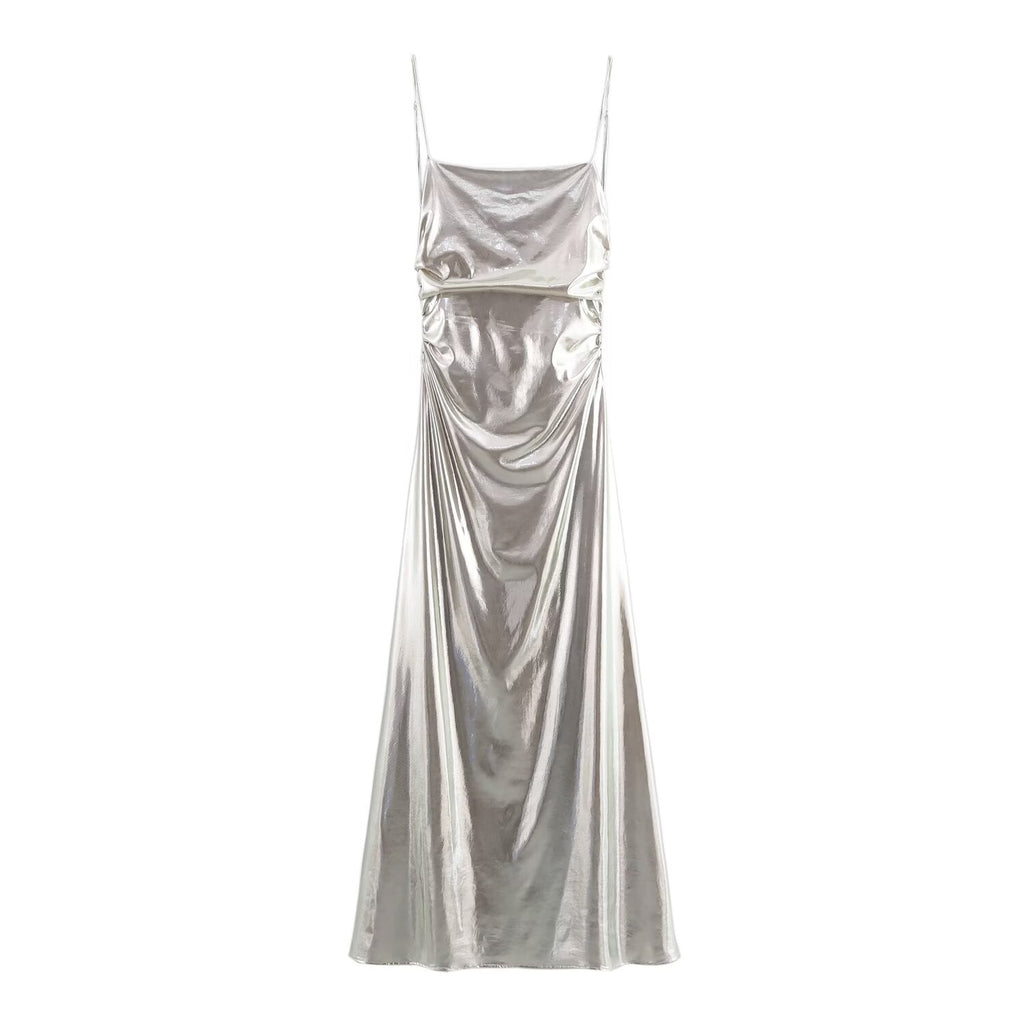Robe plissée à fines bretelles en feuille métallique pour femme