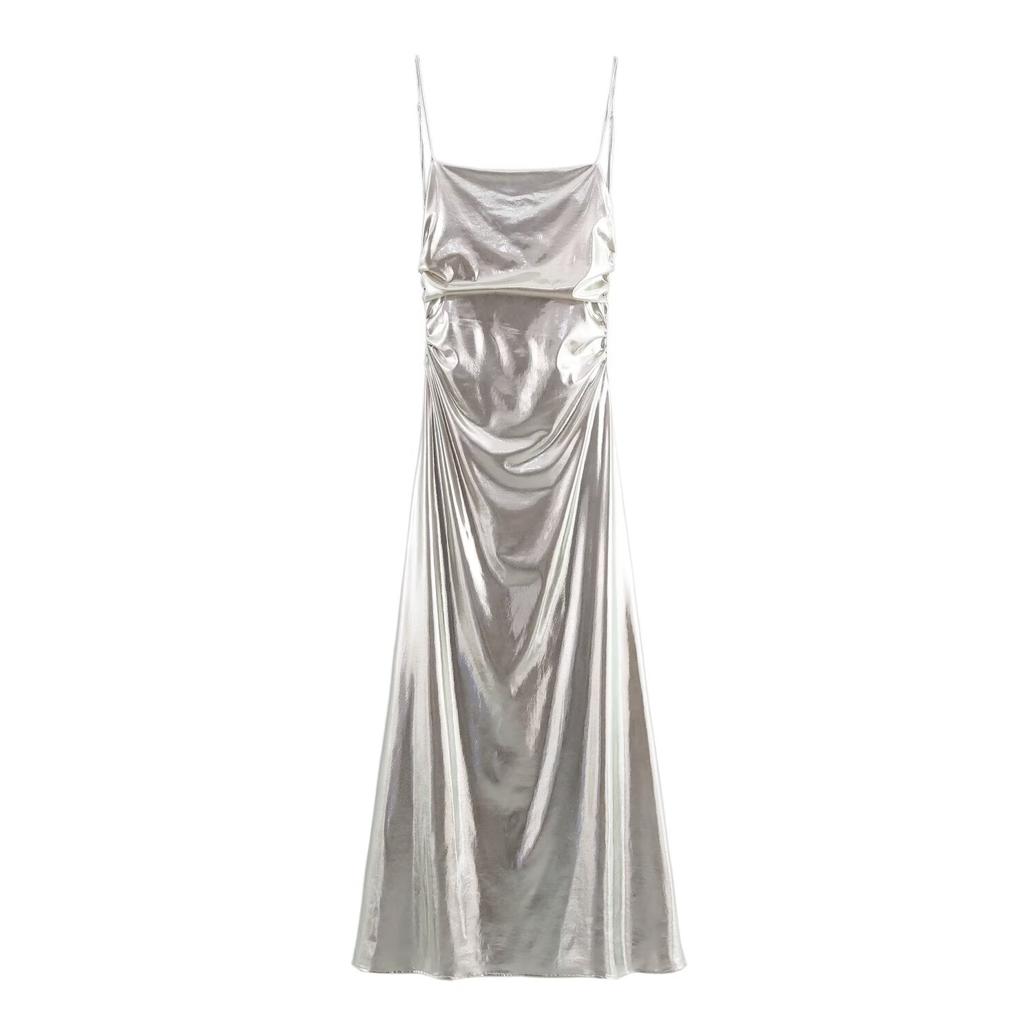Robe plissée à fines bretelles en feuille métallique pour femme