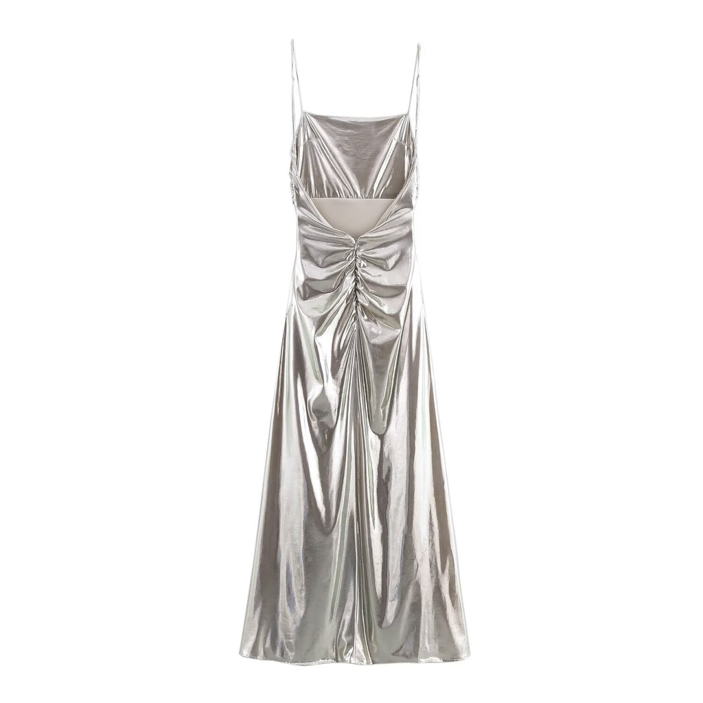 Robe plissée à fines bretelles en feuille métallique pour femme