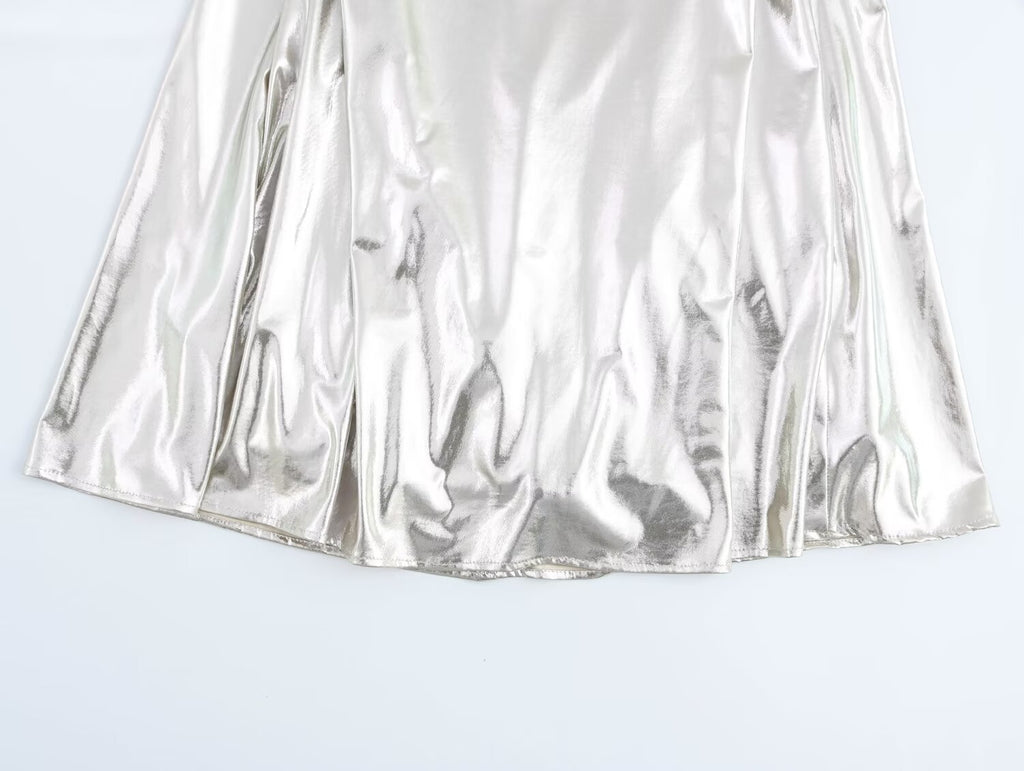 Robe plissée à fines bretelles en feuille métallique pour femme