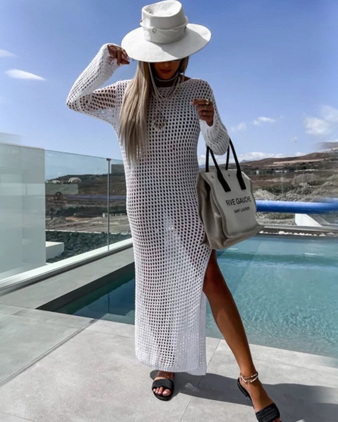 Spring Summer Vacation Beach Blouse Sexy Knitted Hollow Out Cutout out Maxi Dress Beach Cover Up Dress SERENDIPITY