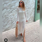 Spring Summer Vacation Beach Blouse Sexy Knitted Hollow Out Cutout out Maxi Dress Beach Cover Up Dress SERENDIPITY