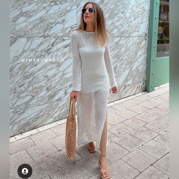 Spring Summer Vacation Beach Blouse Sexy Knitted Hollow Out Cutout out Maxi Dress Beach Cover Up Dress SERENDIPITY