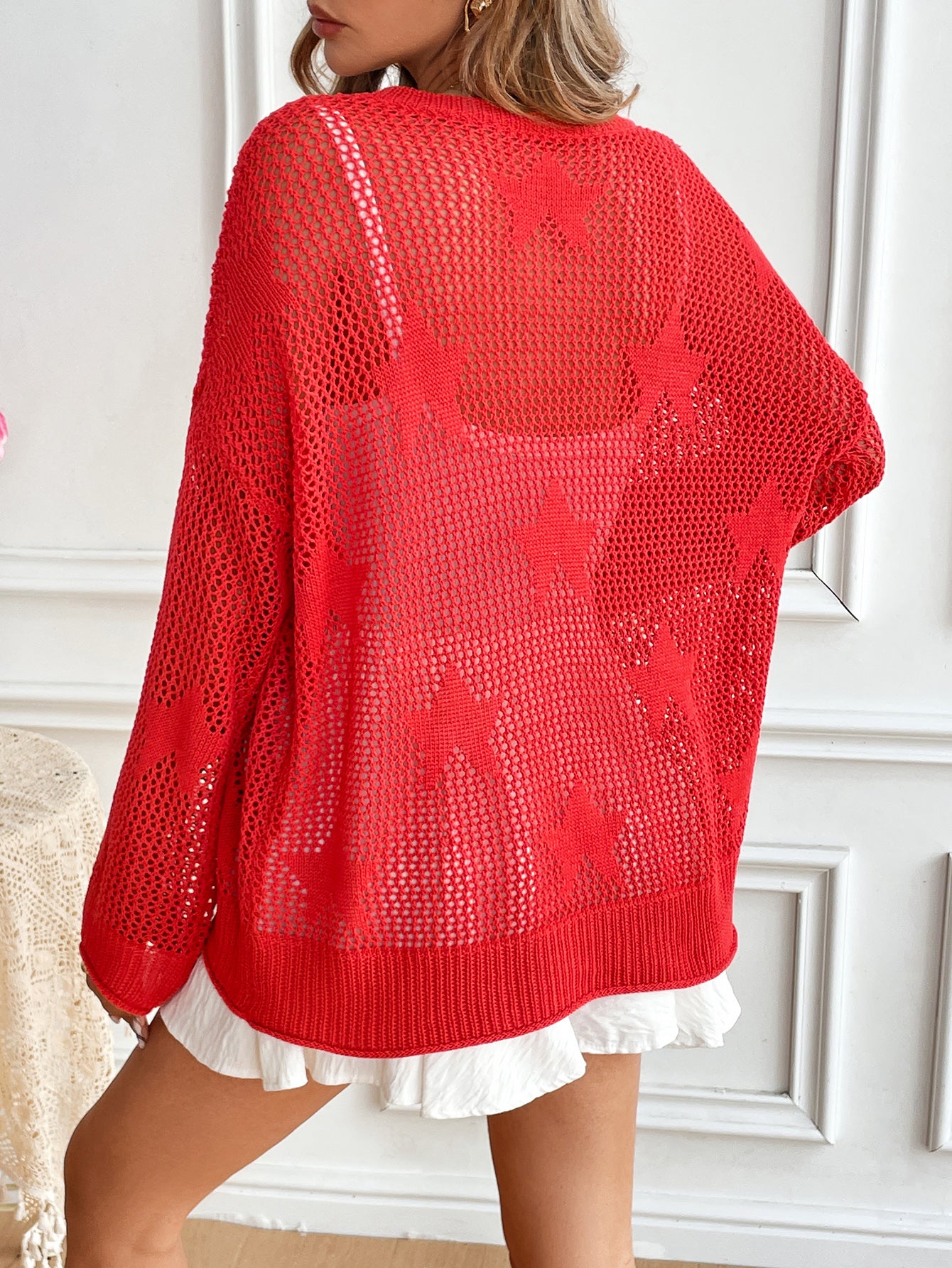 Spring Summer round Neck Pullover Beach Cover up Knitted Five Pointed Star Women Knitwear