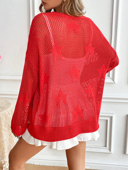 Spring Summer round Neck Pullover Beach Cover up Knitted Five Pointed Star Women Knitwear