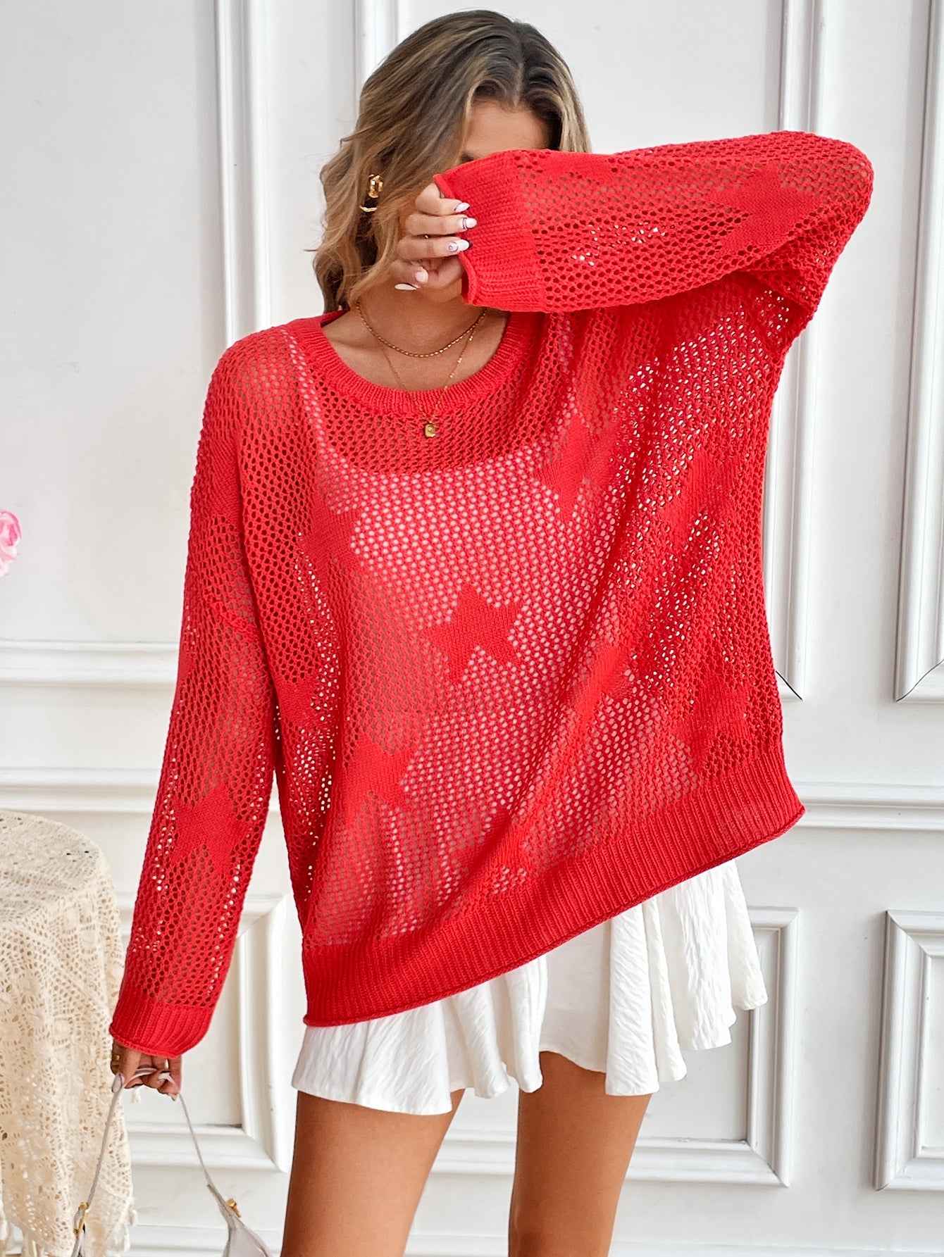 Spring Summer round Neck Pullover Beach Cover up Knitted Five Pointed Star Women Knitwear SERENDIPITY