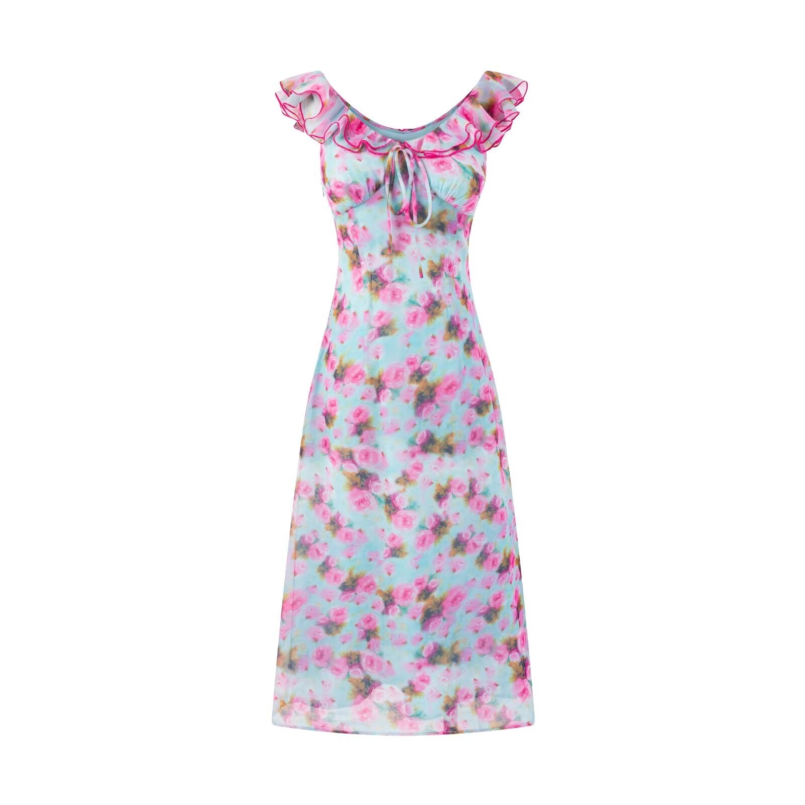 Summer High Grade Waist Tight Slimming Midi Dress Gentle Ruffled V neck Floral Dress PullWind