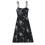 Spring French Vintage Floral Printed High Waist Sexy Side Split Hem Sling Dress OMI