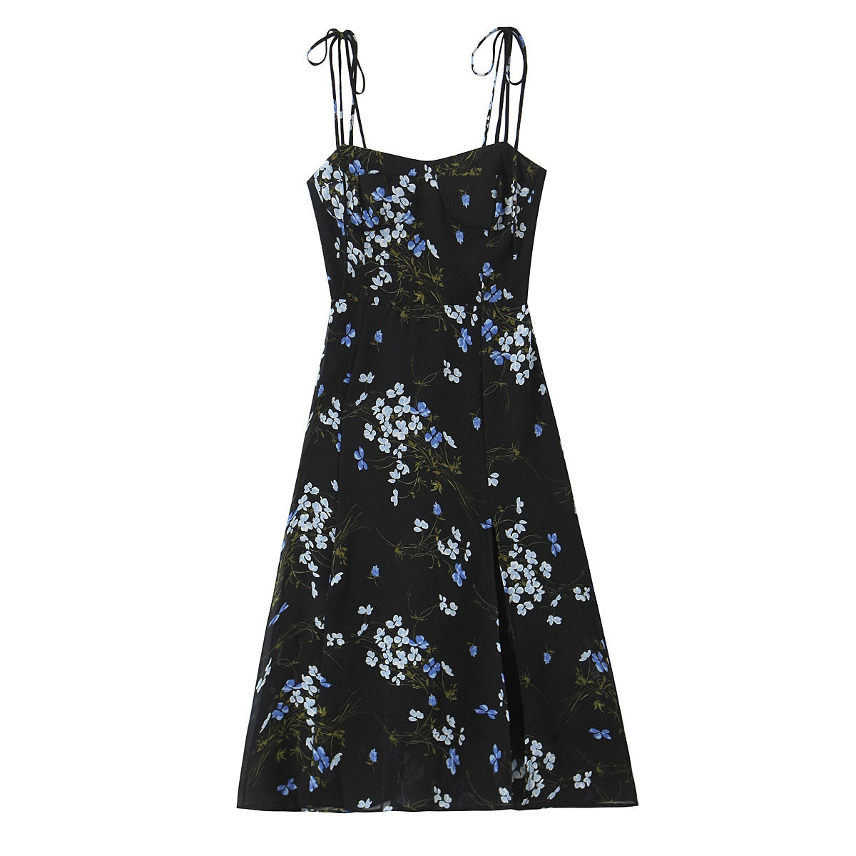 Spring French Vintage Floral Printed High Waist Sexy Side Split Hem Sling Dress OMI