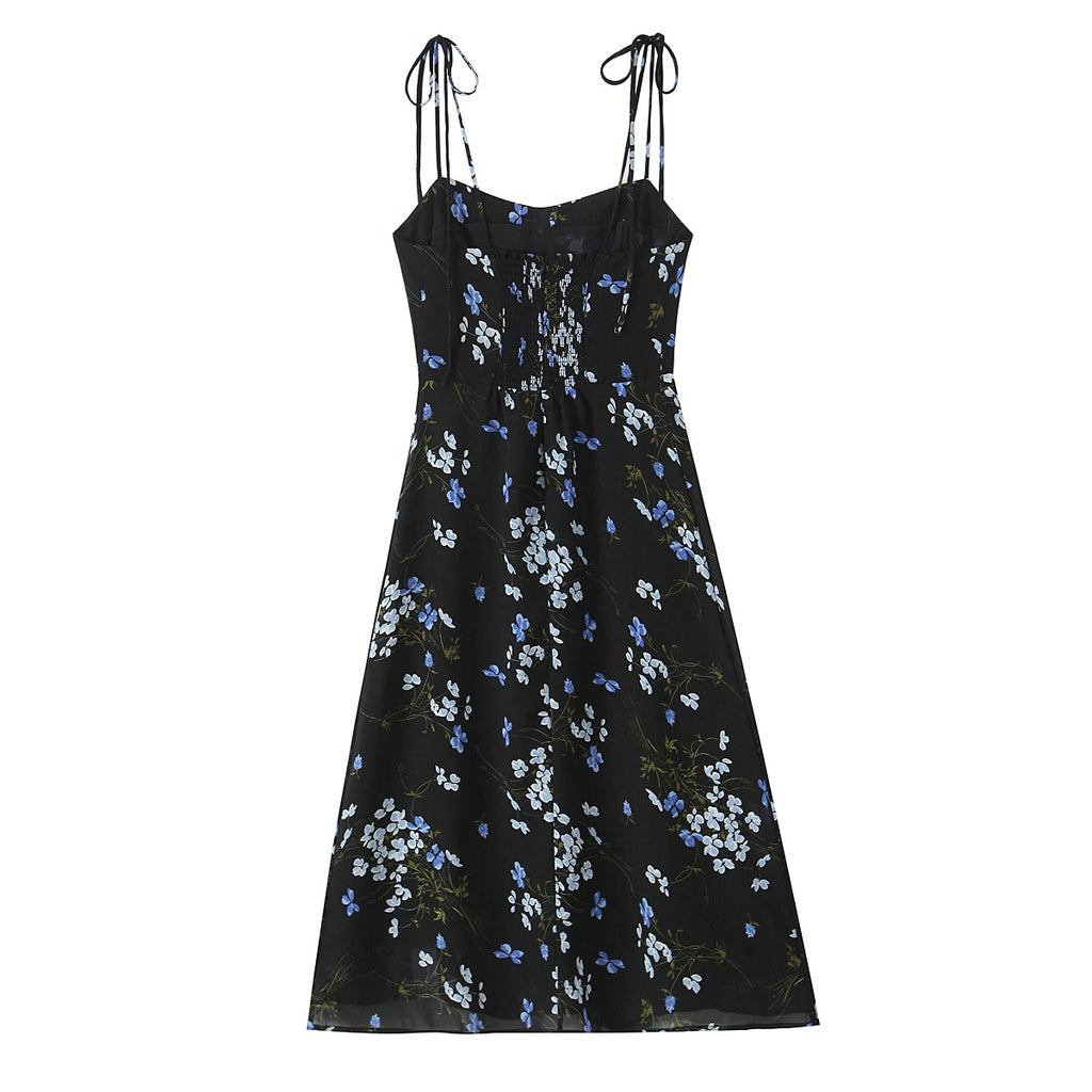 Spring French Vintage Floral Printed High Waist Sexy Side Split Hem Sling Dress OMI