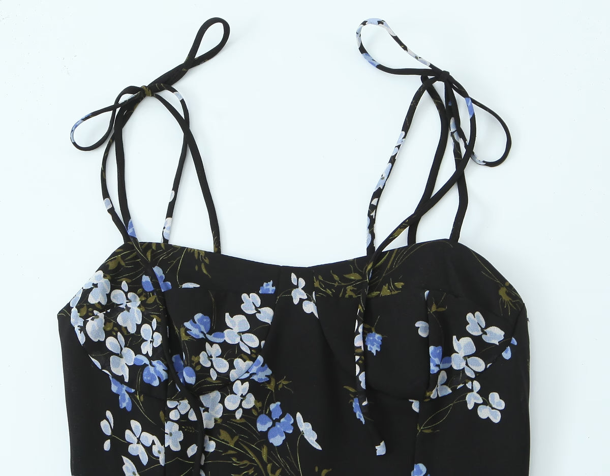 Spring French Vintage Floral Printed High Waist Sexy Side Split Hem Sling Dress OMI