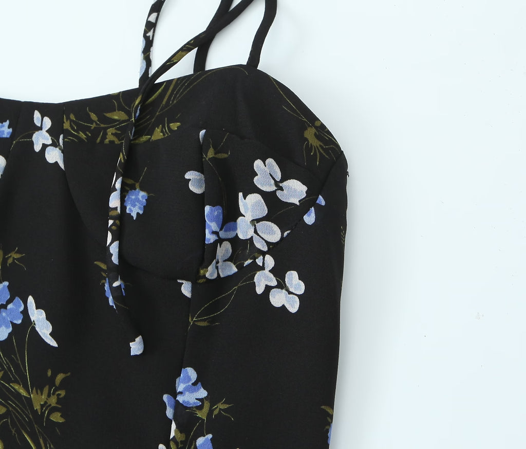 Spring French Vintage Floral Printed High Waist Sexy Side Split Hem Sling Dress OMI