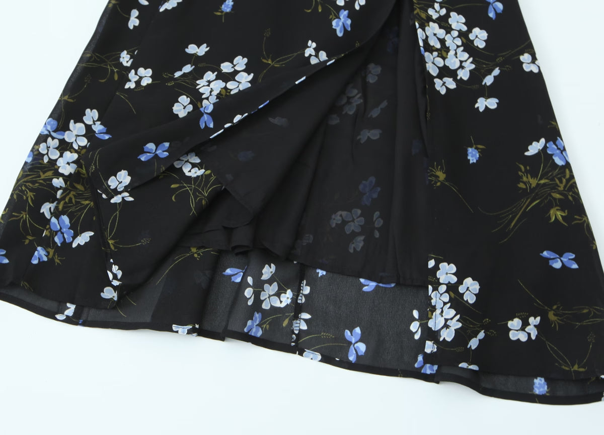 Spring French Vintage Floral Printed High Waist Sexy Side Split Hem Sling Dress OMI